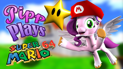 Size: 1920x1080 | Tagged: safe, artist:pika-robo, pipp petals, pegasus, pony, series:pipp plays, g5, 3d, cap, fake thumbnail, female, flying, gamer pipp, gaming headset, hat, headset, let's play, looking at you, mare, mario's hat, open mouth, princess peach's castle, smiling, source filmmaker, spread wings, starman, super mario 64, super mario bros., wings, youtube thumbnail