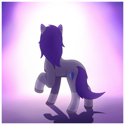 Size: 1493x1493 | Tagged: safe, artist:autumnsfur, oc, oc only, oc:glitter stone, earth pony, pony, g4, g5, chest fluff, digital art, facing away, female, fluffy, full body, g5 oc, looking at something, mare, purple background, purple hair, raised hoof, shadow, silhouette, simple background, solo, tail
