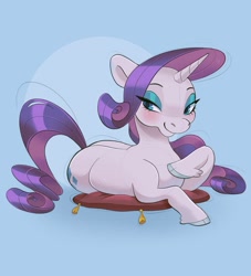 Size: 1457x1603 | Tagged: safe, artist:totalmessica, rarity, pony, unicorn, g4, blushing, female, lidded eyes, lying down, mare, pillow, smiling, solo