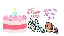 Size: 1164x668 | Tagged: safe, artist:paperbagpony, oc, oc only, oc:paper bag, oc:uki, cake, candle, chibi, dialogue, food, simple background, smol, white background