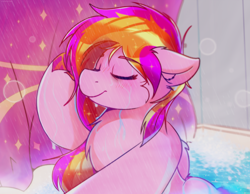 Size: 4096x3186 | Tagged: safe, artist:legionsunite, oc, oc:velvet volt, pegasus, pony, bathtub, bubble, long hair, shower, sparkles, wet, wet mane