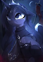 Size: 2349x3333 | Tagged: safe, artist:magnaluna, princess luna, alicorn, pony, armor, clothes, female, flag, jewelry, leaning, moon, necklace, night, regalia, simple background, sitting, socks, solo, stockings, thigh highs, wing armor, wings