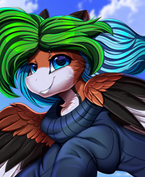 Size: 1446x1764 | Tagged: safe, artist:pridark, oc, oc only, bust, clothes, cloud, commission, flying, portrait, sky, smiling, solo, sweater