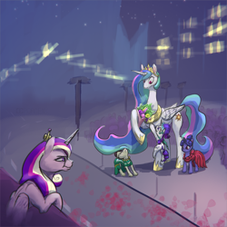 Size: 2400x2400 | Tagged: safe, artist:ciborgen, princess cadance, princess celestia, rarity, alicorn, earth pony, pony, unicorn, a canterlot wedding, g4, alternate scenario, bouquet, bouquet of flowers, bridesmaid dress, cadance is not amused, climbing, clothes, dress, female, flower, glare, height difference, high res, hoof hold, inktober, mare, night, queen celestia, reaching, tallestia, unamused