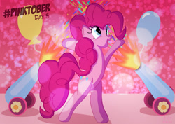 Size: 1754x1240 | Tagged: safe, artist:ace play, part of a set, pinkie pie, earth pony, pony, g4, balloon, bipedal, confetti, female, mare, party cannon, solo