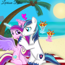 Size: 900x900 | Tagged: safe, artist:mlplary6, princess cadance, shining armor, alicorn, pony, unicorn, g4, beach, female, food, heart, honeymoon, husband and wife, looking at each other, looking at someone, male, mare, palm tree, smiling, smiling at each other, stallion, straight, sun, sundae, tree
