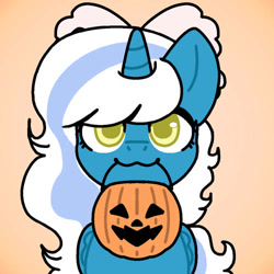 Size: 500x500 | Tagged: safe, artist:icedconfusion, oc, oc:fleurbelle, alicorn, pony, alicorn oc, bow, female, hair bow, horn, looking at you, mare, mouth hold, orange background, pumpkin bucket, simple background, solo, wings, yellow eyes