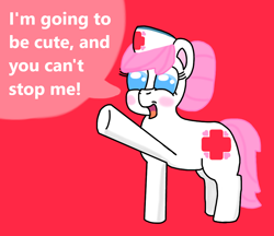 Size: 996x861 | Tagged: artist needed, source needed, safe, nurse redheart, earth pony, pony, g4, cute, heartabetes, no pupils, red background, requested art, simple background, smiling, solo, speech bubble