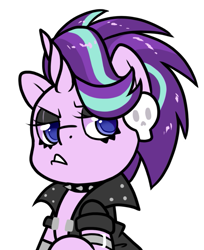 Size: 583x716 | Tagged: safe, artist:paperbagpony, starlight glimmer, pony, unicorn, g4, alternate hairstyle, angry, bust, choker, clothes, edgelight glimmer, female, goth, gothic, lidded eyes, makeup, mare, simple background, skull, solo, spiked choker, white background