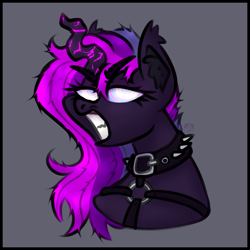 Size: 3000x3000 | Tagged: safe, artist:sadfloorlamp, oc, oc only, changedling, changeling, pony, belts, changeling oc, collar, cute, fangs, female, high res, mare, shoulder belts, solo, thorn