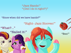 Size: 2048x1536 | Tagged: safe, artist:php176, derpibooru exclusive, jazz hooves, pipp petals, rocky riff, earth pony, pegasus, pony, g5, confused, cute, dialogue, eyes closed, female, floppy ears, gradient background, happy, hooves, jazz hands, jewelry, lineless, male, mare, missing accessory, namesake, necklace, offscreen character, phone, pun, raised hoof, rotten tomatoes, shading, silly, silly pony, stallion, text, tiara, trio, visual pun