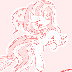 Size: 4000x4000 | Tagged: safe, artist:ser-p, trixie, pony, unicorn, g4, absurd resolution, broom, butt, cape, clothes, female, flying, flying broomstick, hat, lidded eyes, looking back, mare, monochrome, open mouth, open smile, plot, smiling, solo, tail, trixie's cape, trixie's hat, underhoof