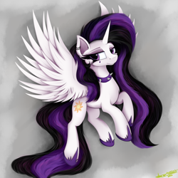 Size: 4000x4000 | Tagged: safe, artist:ser-p, princess celestia, pony, between dark and dawn, g4, season 9, absurd resolution, alternate hairstyle, choker, flying, lidded eyes, looking at you, punklestia, solo, spiked choker, spread wings, wings