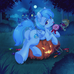 Size: 2000x2000 | Tagged: safe, artist:ls_skylight, apple bloom, applejack, oc, earth pony, pegasus, pony, butt, candy, commission, food, halloween, hat, holiday, jack-o-lantern, plot, pumpkin, witch hat, ych result