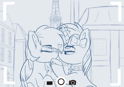 Size: 1650x1160 | Tagged: safe, artist:joaothejohn, oc, oc only, oc:cinnamon lightning, oc:spacer rhythmic, pegasus, pony, unicorn, city, collar, commission, eiffel tower, eyelashes, female, female oc, horn, kissing, magic, mare, mare oc, paris, pegasus oc, pony oc, selfie, unicorn oc, wings