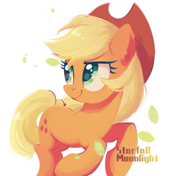 Size: 1080x1080 | Tagged: safe, artist:starfallmoonlight, applejack, earth pony, pony, female, green eyes, hat, leaf, mare, running, simple background, solo, solo female, yellow mane