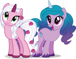 Size: 975x757 | Tagged: safe, artist:helenosprime, izzy moonbow, opaline, pony, unicorn, g4, g5, spoiler:g5, spoiler:my little pony: make your mark, alternate hairstyle, duo, duo female, female, g5 to g4, generation leap, mare, open mouth, race swap, simple background, transparent background, unshorn fetlocks