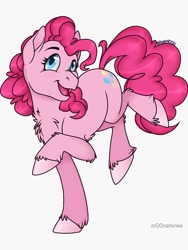 Size: 750x1000 | Tagged: safe, artist:m00nstonee, pinkie pie, earth pony, pony, g4, chest fluff, female, mare, open mouth, simple background, solo, unshorn fetlocks, white background