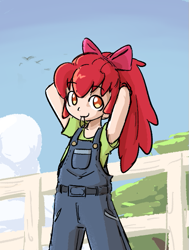 Size: 501x664 | Tagged: safe, artist:spheedc, apple bloom, human, g4, adorabloom, child, clothes, cute, fence, humanized, looking at you, mouth hold, overalls, raised arms, rubber band, shirt, smiling, solo, t-shirt, younger