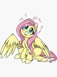 Size: 750x1000 | Tagged: safe, artist:m00nstonee, fluttershy, butterfly, pegasus, pony, g4, blushing, chest fluff, female, looking at something, looking up, mare, open mouth, open smile, simple background, sitting, smiling, solo, spread wings, unshorn fetlocks, white background, wings