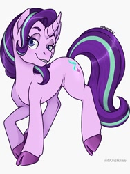 Size: 750x1000 | Tagged: safe, artist:m00nstonee, starlight glimmer, pony, unicorn, g4, cloven hooves, curved horn, horn, lidded eyes, looking at you, raised hoof, simple background, smiling, solo, white background