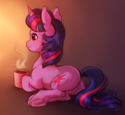 Size: 2083x1909 | Tagged: safe, artist:buttersprinkle, twilight sparkle, pony, unicorn, g4, butt, colored sketch, cup, cute, female, food, lying down, mare, plot, signature, smiling, solo, tea, twiabetes, unicorn twilight