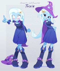 Size: 1023x1200 | Tagged: safe, artist:donuttypd, trixie, human, equestria girls, g4, blushing, cape, clothes, female, hat, looking at you, pointing, solo, trixie's hat