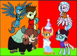 Size: 720x519 | Tagged: safe, artist:darlycatmake, gallus, ocellus, sandbar, silverstream, smolder, yona, changeling, dragon, earth pony, griffon, hippogriff, yak, clothes, costume, cute, dragoness, dress, female, flying, froufrou glittery lacy outfit, gallabetes, gloves, group photo, group picture, halloween, halloween costume, happy, hat, hennin, holiday, hoodie, kai smith, lego, lego ninjago, long gloves, long sleeves, luz noceda, male, princess, princess smolder, prison outfit, secret agent, shirt, smiling, smolderbetes, spread wings, spy, student six, the owl house, tuxedo, wig, wings