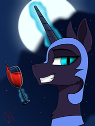 Size: 1080x1420 | Tagged: safe, artist:kpapwiss, nightmare moon, alicorn, pony, g4, alcohol, bust, looking at you, moon, portrait, simple background, smiling, smiling at you, wine