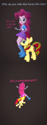 Size: 2250x6000 | Tagged: safe, artist:wissle, pinkie pie, sunset shimmer, human, pony, unicorn, equestria girls, g4, 2 panel comic, 3d, blender, butt, comic, female, full comic, high res, implied horn penetration, implied penetration, mare, meme, pinkie pie day, plot, ponified meme, simple background, sitting on person, sitting on pony, sound at source, youtube link