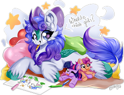 Size: 2482x1893 | Tagged: safe, artist:woonborg, princess celestia, sunny starscout, twilight sparkle, oc, oc:angie, earth pony, kirin, pony, g4, g5, bow, crayon, cute, cutelestia, hair bow, high res, kirin oc, ocbetes, one eye closed, plushie, simple background, solo, squatpony, sunny and her heroine, tongue out, transparent background, twiabetes, twilight sparkle plushie, wink