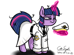 Size: 6000x4500 | Tagged: safe, artist:cdrspark, twilight sparkle, pony, unicorn, g4, bloodshot eyes, clothes, magic, military uniform, ruffled hair, simple background, solo, telekinesis, tired, u.d.c.e., unicorn twilight, uniform, uniform hat, white background, wip