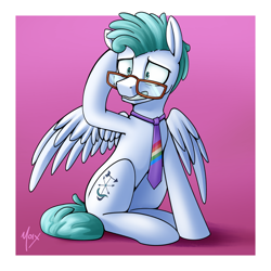 Size: 4000x4000 | Tagged: safe, artist:supermoix, feather flatterfly, pegasus, pony, g4, absurd resolution, commission, cute, frown, glasses, gradient background, hoof on head, male, necktie, partially open wings, raised hoof, scared, signature, sitting, solo, stallion, teeth, wings, worried