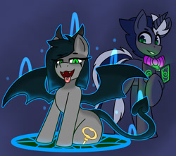 Size: 1280x1133 | Tagged: safe, artist:askhypnoswirl, oc, oc only, oc:hypno swirl, oc:lunas paladin, bat pony, demon, demon pony, pony, unicorn, bat pony oc, bowtie, devil tail, duo, fangs, female, horn, lidded eyes, looking at you, magic, magic circle, male, mare, open mouth, piercing, slit pupils, stallion, summoning, summoning circle, tail, tongue out, tongue piercing, unicorn oc