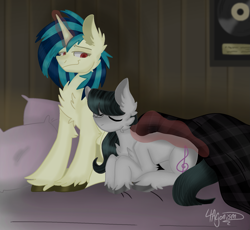Size: 1801x1655 | Tagged: safe, artist:4agonism, dj pon-3, octavia melody, vinyl scratch, earth pony, pony, unicorn, g4, arm fluff, bed, bedroom, blanket, chest fluff, colored hooves, cute, daaaaaaaaaaaw, female, lesbian, lineless, looking at someone, loving gaze, magic, pillow, quilt, record, red eyes, role reversal, ship:scratchtavia, shipping, sleeping, smiling, tavibetes, telekinesis, those gay horses, tired, unshorn fetlocks, vinylbetes, watermark