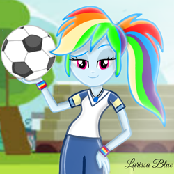 Size: 900x900 | Tagged: safe, artist:mlplary6, rainbow dash, human, equestria girls, g4, ball, clothes, cute, dashabetes, female, football, looking at you, smiling, smiling at you, solo, sports