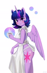 Size: 1332x2048 | Tagged: safe, artist:mrscroup, twilight sparkle, alicorn, anthro, g4, apron, blushing, breasts, clothes, coffee, coffee cup, cup, female, looking at you, naked apron, no tail, panties, partial nudity, reasonably sized breasts, simple background, smiling, solo, twilight sparkle (alicorn), underwear, white background