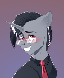 Size: 3700x4500 | Tagged: safe, artist:coffeez, oc, oc only, pony, unicorn, bust, clothes, commission, looking at you, necktie, portrait, shirt, simple shading, smiling, solo