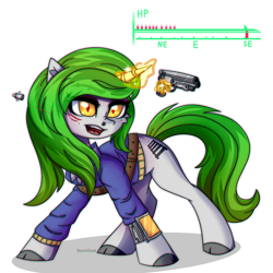Size: 2500x2500 | Tagged: safe, artist:fluffywhirlpool, oc, oc only, oc:electra green, pony, unicorn, fallout equestria, bullet, bullet wound, chest fluff, clothes, commission, eyebrow piercing, eyebrows, eyebrows visible through hair, eyeshadow, female, full body, glowing, glowing horn, green mane, green tail, grin, gun, handgun, horn, horn ring, jumpsuit, levitation, life bar, looking away, magic, magic aura, makeup, mare, nose piercing, open mouth, piercing, pipbuck, pistol, ring, shooting, simple background, smiling, solo, tail, telekinesis, unicorn oc, vault suit, weapon, white background, ych result