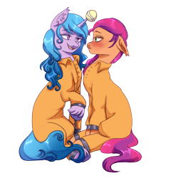 Size: 1500x1500 | Tagged: safe, artist:azusadrawz, izzy moonbow, sunny starscout, earth pony, pony, unicorn, g5, ball, blushing, clothes, cuffs, female, horn, hornball, izzy's tennis ball, jumpsuit, lesbian, never doubt rainbowdash69's involvement, prison outfit, prisoner im, prisoner ss, shackles, ship:moonscout, shipping, simple background, smiling, smirk, tennis ball, transparent background