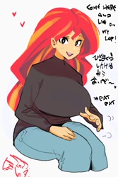 Size: 800x1200 | Tagged: safe, artist:sozglitch, sunset shimmer, human, equestria girls, g4, big breasts, bilingual, breasts, busty sunset shimmer, clothes, denim, dialogue, english, female, floating heart, heart, hiragana, huge breasts, inviting, japanese, jeans, looking at you, onomatopoeia, open mouth, open smile, pants, simple background, sitting, smiling, smiling at you, solo, sweater, talking to viewer, thighs, white background