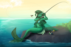 Size: 1400x933 | Tagged: safe, artist:sunny way, oc, oc only, seapony (g4), anthro, bra, breasts, female, fish tail, fishing, fishing rod, holy hand grenade of antioch, nudity, ocean, patreon reward, rocket launcher, seashell bra, shocked, tail, wat, water, wet, worms, worms (video game)