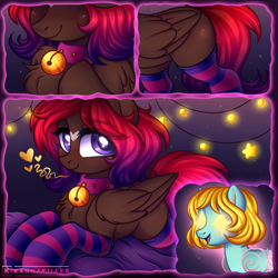 Size: 3010x3010 | Tagged: safe, artist:kannakiller, oc, oc only, oc:bubble becky, oc:shaded star, pegasus, pony, bed, bedroom, bell, bell collar, blushing, chest fluff, choker, clothes, collar, comic, commission, cute, digital art, duo, duo female, female, fur, heart, high res, light, looking at each other, looking at someone, looking at you, mare, smiling, socks, stars, stockings, striped socks, thigh highs, wingding eyes, wow, ych result