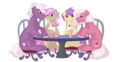 Size: 1280x640 | Tagged: safe, artist:itstechtock, berry sweet, fuchsia frost, loganberry, strawberry scoop, pony, friendship student, milkshake, simple background, transparent background