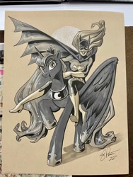 Size: 1536x2048 | Tagged: safe, artist:andypriceart, princess luna, alicorn, human, g4, batgirl, crossover, dc comics, duo, female, grayscale, grin, humans riding ponies, looking at you, mare, marker drawing, monochrome, open mouth, open smile, riding, riding a pony, smiling, toned paper, traditional art