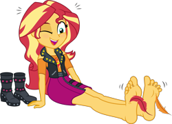 Size: 6000x4329 | Tagged: safe, artist:n0kkun, sunset shimmer, human, equestria girls, g4, bare legs, barefoot, boots, feather, feet, fetish, foot fetish, foot focus, foot tickling, foot worship, laughing, one eye closed, open mouth, open smile, shoes, shoes removed, simple background, smiling, soles, solo, tickling, toes, transparent background, vector
