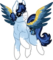 Size: 942x1062 | Tagged: safe, artist:nootaz, oc, oc only, oc:soaring spirit, pegasus, pony, accessory, armor, art trade, coat markings, colored wings, facial markings, glasses, male, markings, multicolored hair, multicolored mane, multicolored tail, multicolored wings, pegasus oc, simple background, smiling, socks (coat markings), solo, spread wings, stallion, tail, three toned wings, white background, wing armor, wing brace, wings