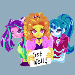 Size: 1080x1080 | Tagged: safe, artist:windywendy29, adagio dazzle, aria blaze, sonata dusk, human, equestria girls, g4, blue background, choker, clothes, coat, cute, female, gem, get well soon, sad, shirt, sign, simple background, siren gem, the dazzlings, trio, vest