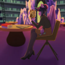 Size: 1280x1280 | Tagged: dead source, safe, artist:centipede.bat, owlowiscious, twilight sparkle, alicorn, bird, owl, anthro, g4, alternate hairstyle, book, bookshelf, chair, clothes, crossed legs, glasses, hair bun, high heels, library, perching, shoes, skirt, stockings, sweater, thigh highs, turtleneck, twilight sparkle (alicorn), twilight's castle, twilight's castle library