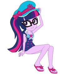 Size: 2400x2912 | Tagged: safe, artist:gmaplay, sci-twi, twilight sparkle, human, equestria girls, equestria girls specials, g4, my little pony equestria girls: better together, my little pony equestria girls: forgotten friendship, bare shoulders, clothes, glasses, hat, high res, one-piece swimsuit, ponytail, sailor hat, sandals, sci-twi swimsuit, simple background, sitting, sleeveless, solo, swimsuit, transparent background